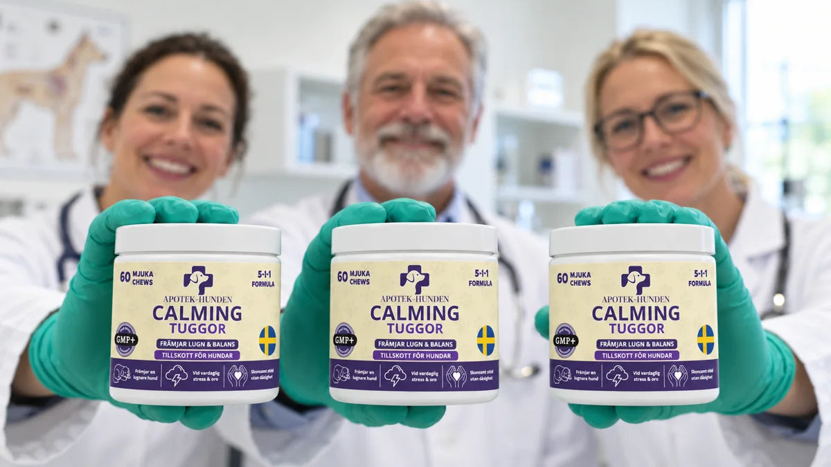Veterinärer håller varsin burk Relax+ Tuggor