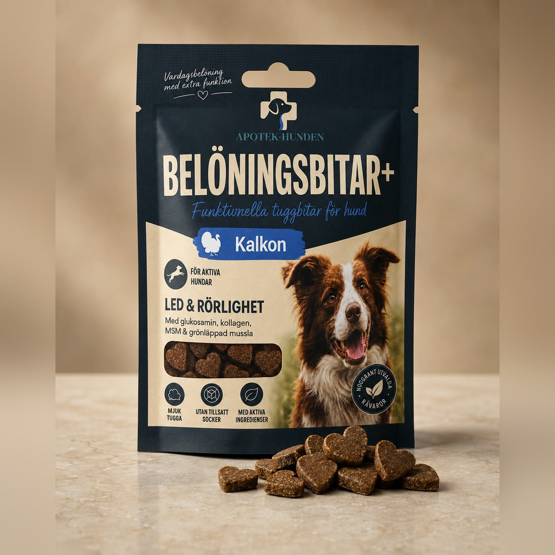 Belöningsbitar+ — mjuka hjärtformade tuggbitar med påsen