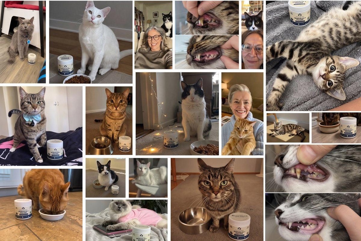 Kattägare som använder Munhälsa+ tandvårdspulver